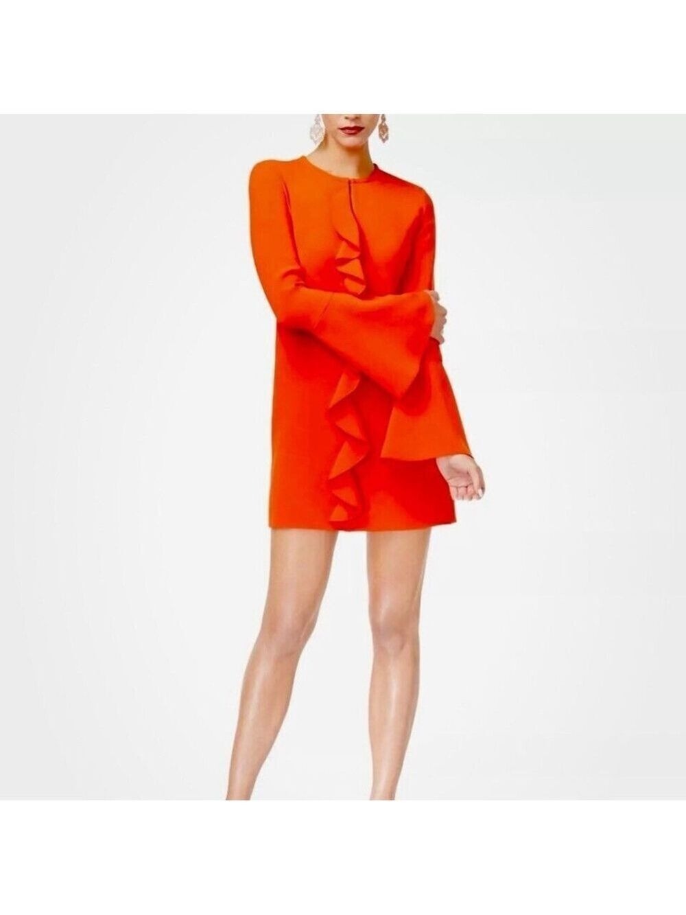 Rachel Zoe Dress Womens S 2 Monner Ruffled A-line Orange Bell Sleeves Dark Coral